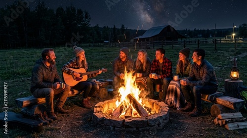 Friends sit around a campfire at night while playing guitar under the stars