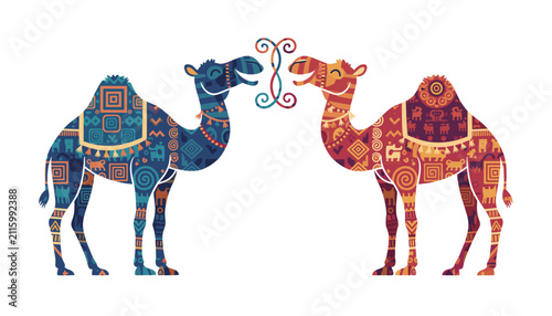 Two ornate camels with colorful traditional ethnic patterns stand facing each other against a white background.