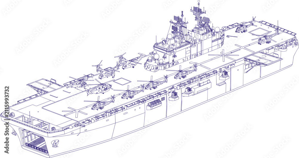 Fototapeta premium Military Aircraft Carrier Ship with Helicopters Line Drawing Illustration