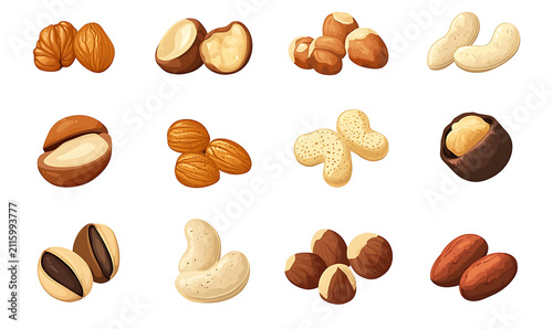 Premium mixed nuts isolated on white background, healthy snack assortment with almonds, cashews, walnuts.