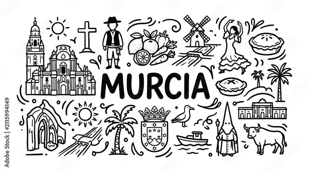 Fototapeta premium Murcia Spain Landmark Doodle, Hand Drawn Black Line Travel Illustration of Spanish Region
