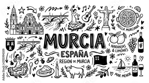 Murcia Spain Landmark Doodle,  Hand Drawn Black Line Travel Illustration of Spanish Region