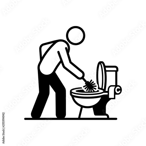 Person Cleaning Toilet Bowl with Brush Vector Illustration - Bathroom Hygiene Line Art Icon
