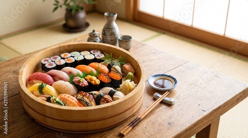 寿司桶に美しく盛り付けられた豪華な握り寿司セットと和室の食卓