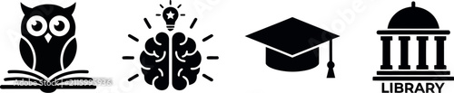 A collection of four black educational icons representing wisdom with an owl reading a book creative thinking brain graduation cap and a public library building