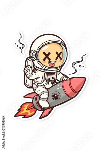 A cartoon sticker of a cute astronaut flying on top of a rocket with clouds of smoke and fire.