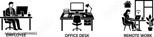 A set of three black and white line art illustrations depicting professional office environments with people working at desks and computers in a modern workspace
