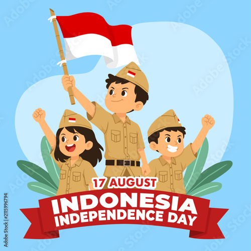 This Indonesian Independence Day-themed illustration features a cheerful, flat vector style, featuring three child characters in young warrior uniforms. This image is perfect for use on greeting cards