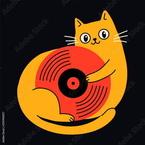 Cartoon Cat Holding Red Retro Music Disc