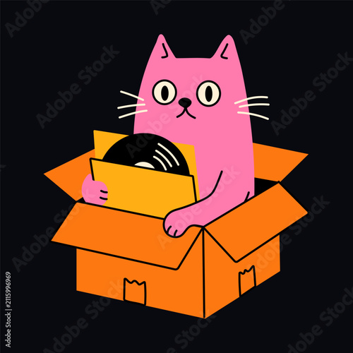 Playful Feline Sitting in Box with Vinyl Record
