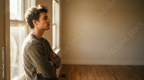 Pensive young Caucasian man with ADHD in empty room, concept of executive dysfunction and mental health.