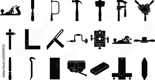 Woodworking Hand Tools Silhouette Icon Set with Carpenter Equipment and Joinery Tools