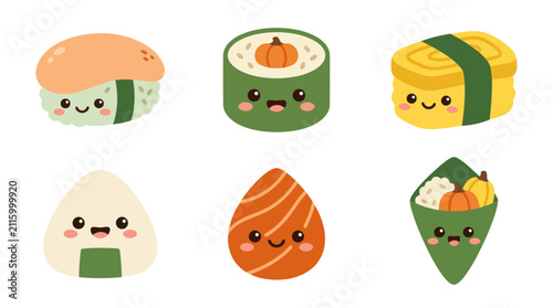 Cute kawaii food characters on white background