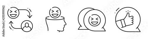 Feedback icons depicting user reactions and approval in chat bubbles. Editable stroke