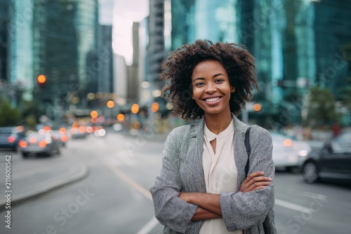 Urban portrait of a young Black woman exuding optimism with crossed arms in busy city life