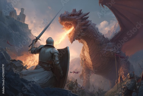 Valiant knight clashes with a colossal dragon on a windswept cliff at twilight