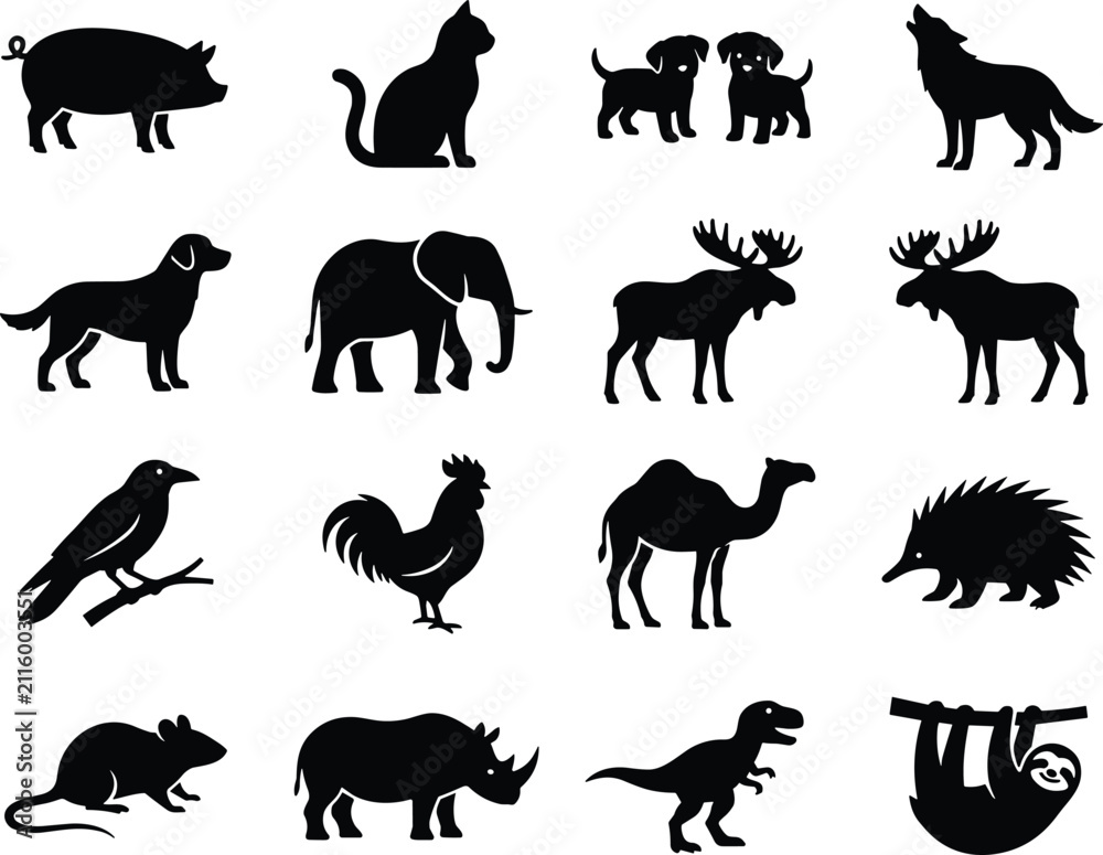 Fototapeta premium Animal Silhouette Icons Vector Set of Wild and Domestic Pets