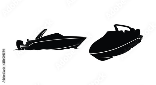 Fotografie Two motorboats depicted in a stark black silhouette against a white background s