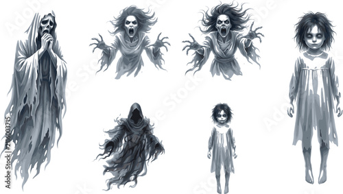 Fotografía Collection of frightening ghosts, terrifying specters, and haunted spirits for dark Halloween holiday design concepts