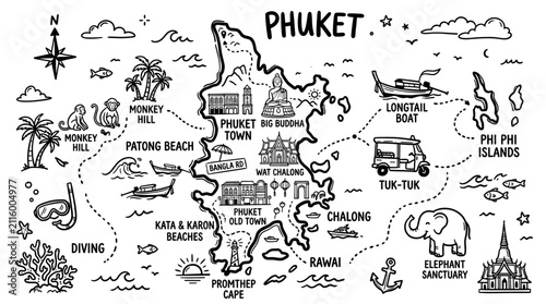 Phuket Thailand Travel Doodle Illustration,  Hand Drawn Tropical Island Tourism Sketch