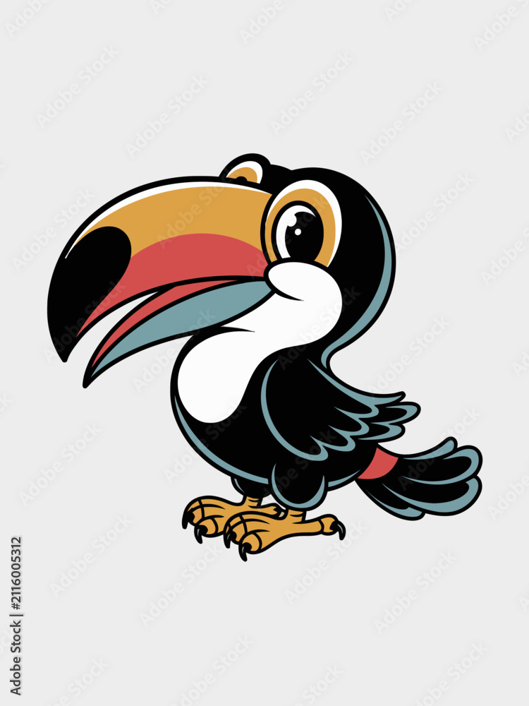 Obraz premium A cheerful cartoon toucan is depicted with a large, colorful beak.