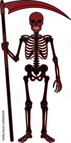 Photography Spooky red and black grim reaper skeleton holding a large scythe for Halloween horror vector illustration