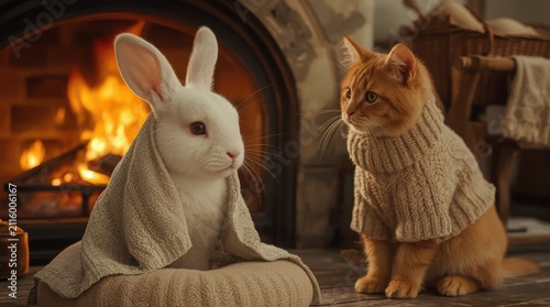 A white rabbit in a soft towel and a ginger cat in a cozy sweater and apron, warming themselves together by the fireplace.