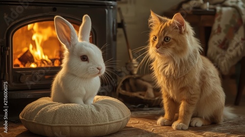 A white rabbit in a soft towel and a ginger cat in a cozy sweater and apron, warming themselves together by the fireplace.