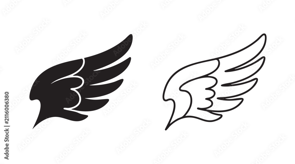 Obraz premium angel wings black silhouette and outline art vector icon featuring white, design, graphic