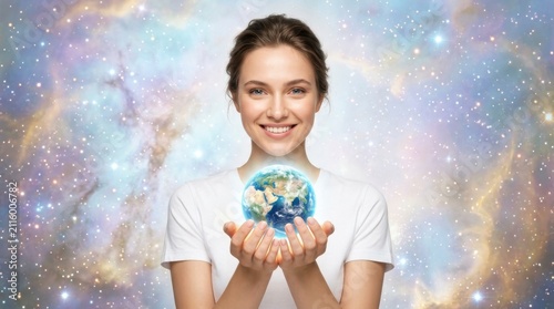 Woman holding Earth globe in hands. Concept of environmental protection and global care.