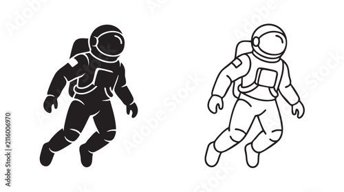 Фотография astronauts in black silhouette and outline art vector icon floating in space