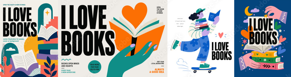 Obraz premium Books. Reading posters with bold typography. Vector modern illustrations of open books, hands and playful character for library, bookstore, school college, university, education and the litera