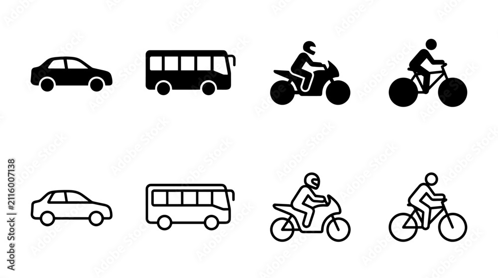 Fototapeta premium Road Traffic Transport Icons, Minimal Black Silhouette Vector Style Collection