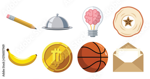 Konstfotografi colorful collection of food and drink objects including a banana coin basketball
