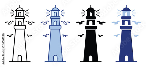 Set of lighthouse icons with flying birds, representing sea safety, coastal travel, and nautical guidance