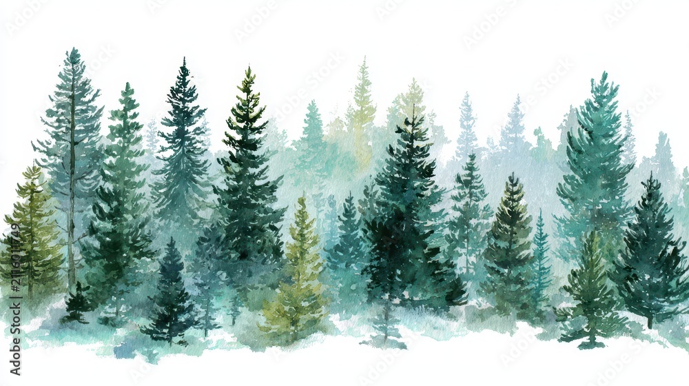 Fototapeta premium Watercolor evergreen forest: soft conifer trees in a wintry scene on white background