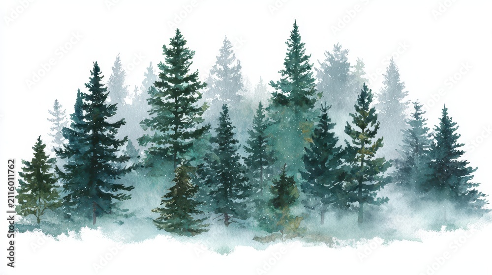 Fototapeta premium Watercolor evergreen forest illustration on white background with mysterious pines for winter design