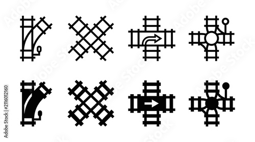 Railway track layout and junction icons with junction transport crossing navigation infrastructure logistics