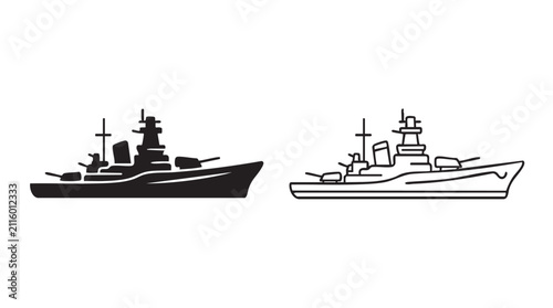 Bild auf Leinwand battleship black silhouette and outline art vector icon featuring navy, warship,