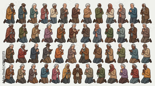 Comprehensive set of diverse senior citizens kneeling and praying. Includes elderly men and women of various ethnicities wearing casual attire and religious garments on a white background.