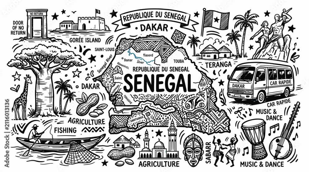 Fototapeta premium Senegal Travel Doodle Illustration, Hand Drawn African Country Map and Culture Line Art