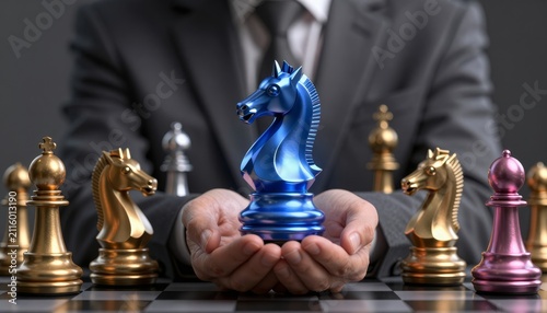 Business Leader Holding Blue Chess Knight Strategy Concept