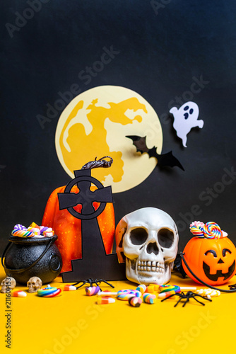 Halloween objects creating a spooky holiday celebration scene