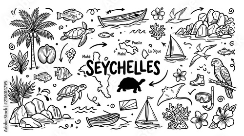 Seychelles Travel Doodle Illustration,  Hand Drawn Tropical Island Line Art Collection