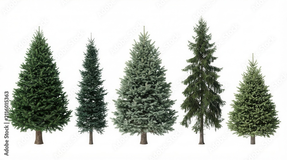 Obraz premium Collage of beautiful evergreen fir trees on white background for banner design
