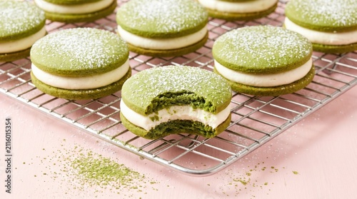 Gluten free vegan matcha whoopie pies with cream filling on cooling rack
