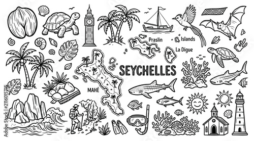 Seychelles Travel Doodle Illustration,  Hand Drawn Tropical Island Line Art Collection