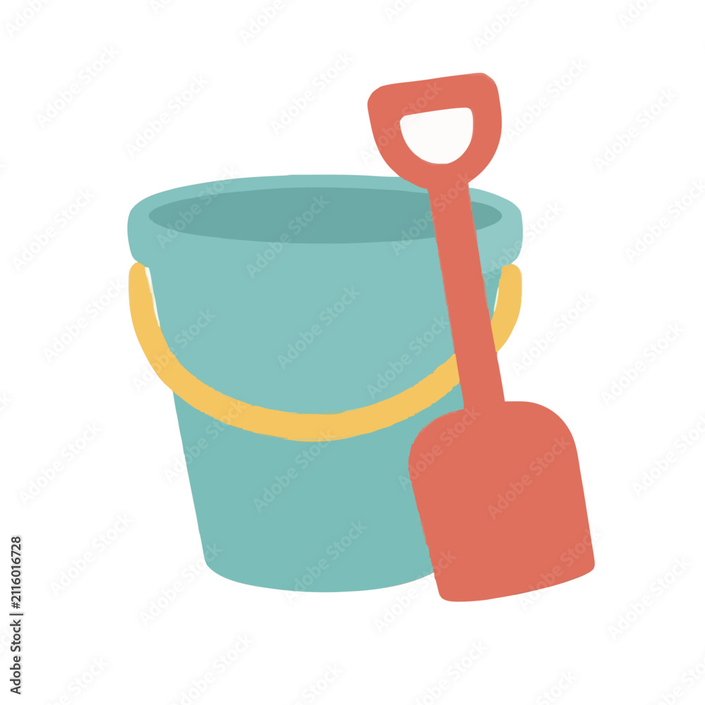 Obraz premium A charming flat vector illustration of a blue plastic beach bucket with a yellow handle and a red shovel, perfect for summer vacation concepts, childhood play, and outdoor seaside activity themes.