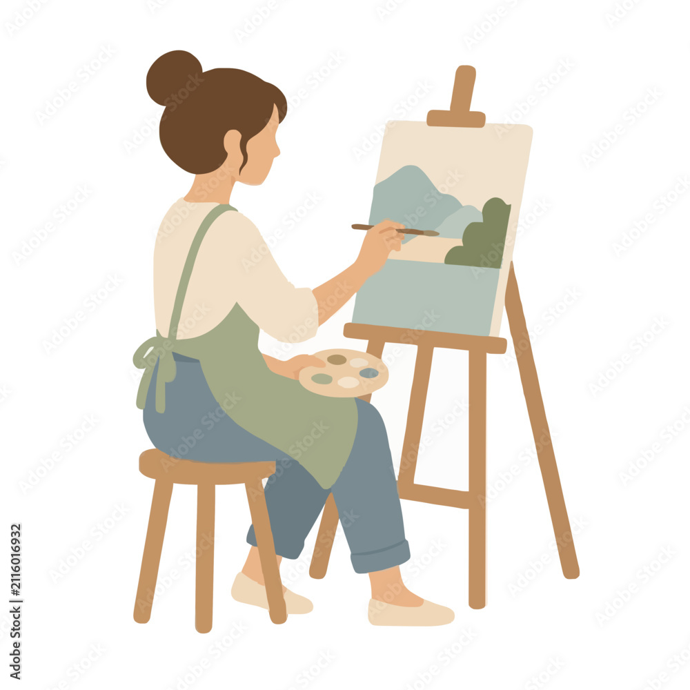 Fototapeta premium A female artist with brown hair in a bun wearing a green apron sitting on a stool painting a landscape on a canvas with an easel and palette in a flat vector illustration style showing creativity and