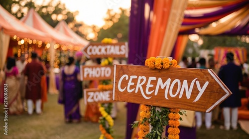 Boutique Outdoor Indian Wedding Signage with Marigold Decor and Guests in Traditional Attire at Sunset